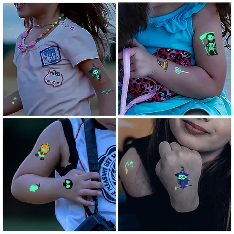 Halloween Luminous Tattoo Stickers For Kids Waterproof Fluorescent Green Glow Ghost Pumpkin Skull Body Face Tattoos