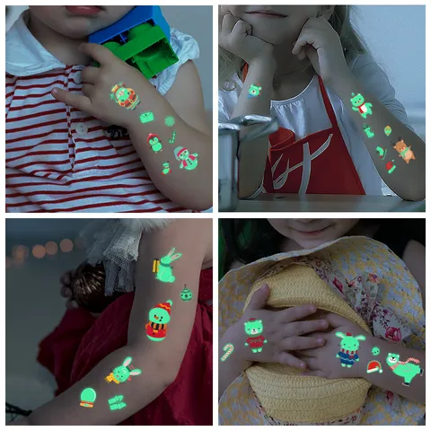 Luminous Christmas Temporary Tattoo Stickers For Kids Cartoon Santa Claus Snowman Glow In The Dark Waterproof Disposable Body Art Tattoo Paper New Year Party Favor Decor