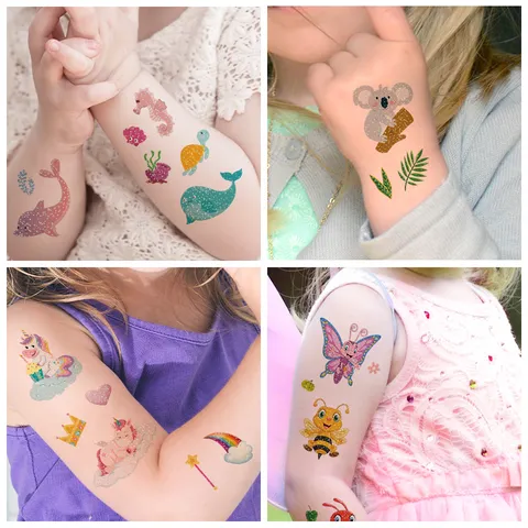 Glitter Temporary Tattoos For Kids Waterproof Cartoon Mermaid Unicorn Robot Fairy Stickers Childrens Birthday Party Favors