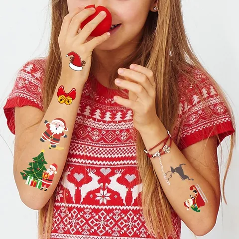 Kids Christmas Temporary Tattoo Stickers Waterproof Crayon Hand Painted Cartoon Santa Claus Reindeer Pattern For Holiday Party Children Gift Decoration