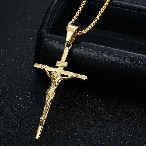 Stainless Steel Vacuum Plated Jesus Crucifix Pendant Necklace For Men Women Hip Hop Gold Silver Christian Cross Jewelry Gift