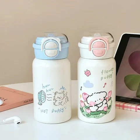Ins Stil 316 Edelstahl Vakuumflasche Süßes Cartoon Welpe Muster Tragbare Wasserflasche Mit Strohhalm Deckel