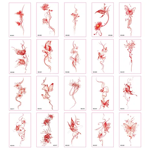 Waterproof Temporary Butterfly Tattoo Stickers For Women Vintage Red Butterfly Floral Line Art Body Decorative Sticker