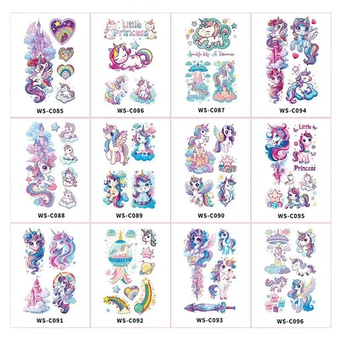 Süße Cartoon Traumhaft Einhorn Glitzer Temporäre Tattoos Wasserdicht Wassertransfer Falsche Tätowierungen Papier Für Kinder Geburtstag Party Mitbringsel Geschenke