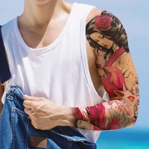 Waterproof Full Arm Temporary Tattoo Stickers Geisha Samurai Dragon Ukiyo-e Style Body Art Disposable Tattoo for Men Women
