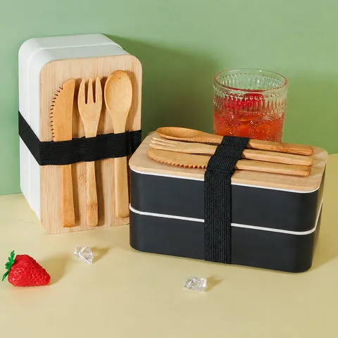 Double Layer Bento Box With Bamboo Wood Lid Portable Lunch Box Compartment Meal Prep Container For Office School Picnic