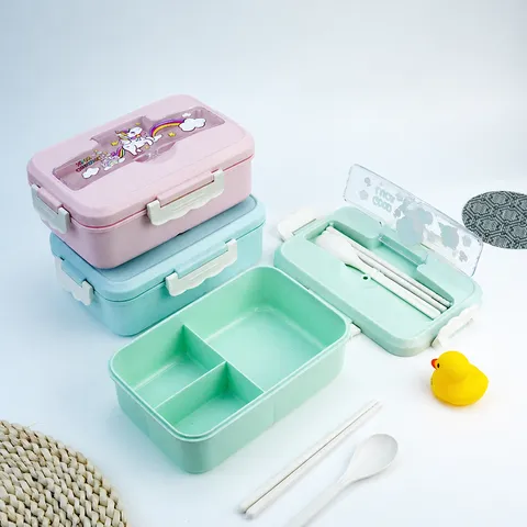 Portable Plastic Lunch Box With Tableware Leakproof Student Bento Box Cute Cartoon Microwave Food Storage Container