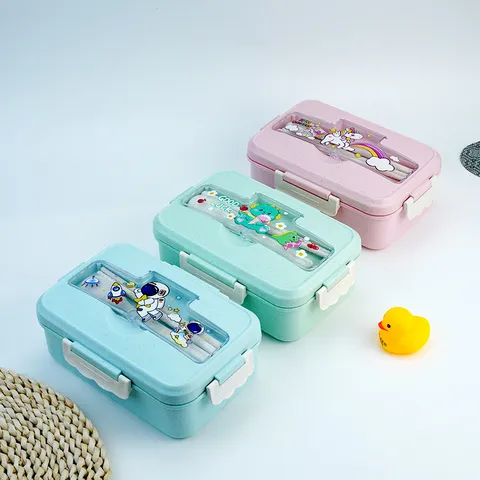 Portable Plastic Lunch Box With Tableware Leakproof Student Bento Box Cute Cartoon Microwave Food Storage Container