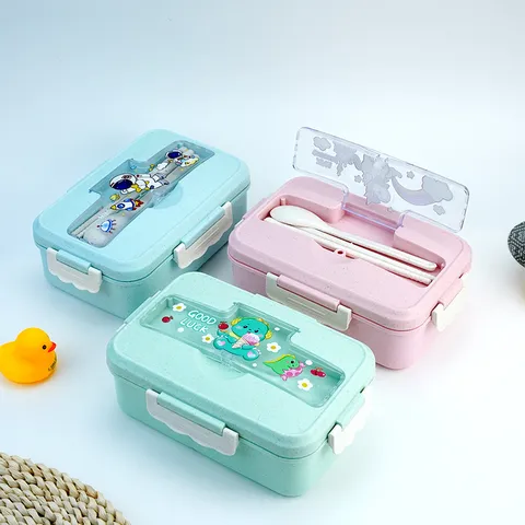 Portable Plastic Lunch Box With Tableware Leakproof Student Bento Box Cute Cartoon Microwave Food Storage Container