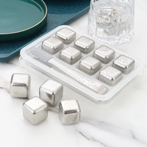 Reusable Stainless Steel Ice Cubes Set With Tongs Metal Whiskey Stones For Drinks Beer Barware Kitchen Tool
