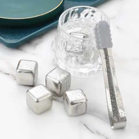 Reusable Stainless Steel Ice Cubes Set With Tongs Metal Whiskey Stones For Drinks Beer Barware Kitchen Tool