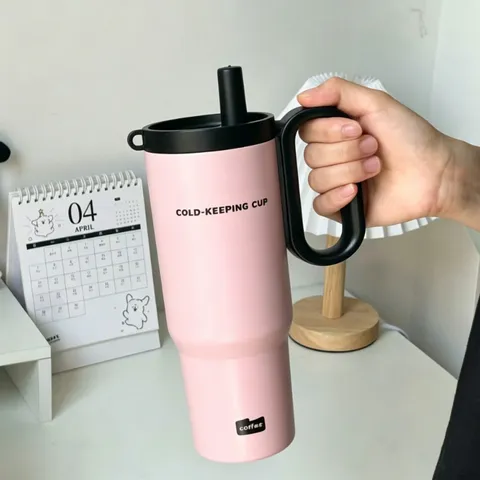Edelstahl Große Kapazität Tumbler Mit Griff Und Strohhalm Tragbare Isolierte Reise Wassertasse Auto Becher