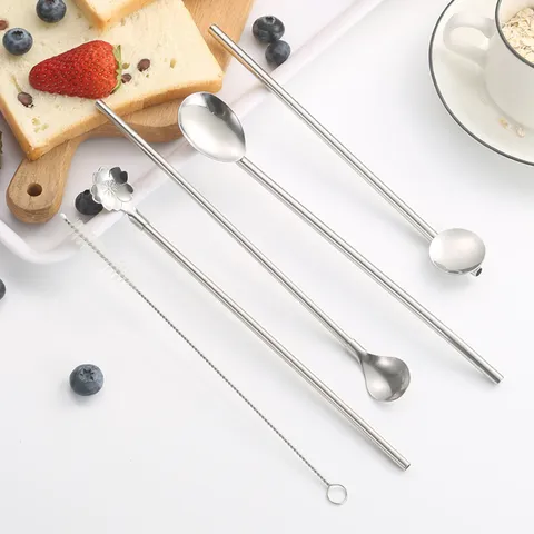 Stainless Steel Long Handle Drinking Straw Spoon Creative Cherry Blossom Coffee Stirring Spoon Reusable Metal Straws