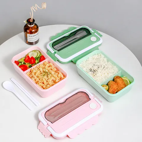 Boîte à Repas en Plastique Portable Boîte Bento Divisée pour Étudiant Conteneur de Repas Rectangulaire Avec Couverts pour Bureau École