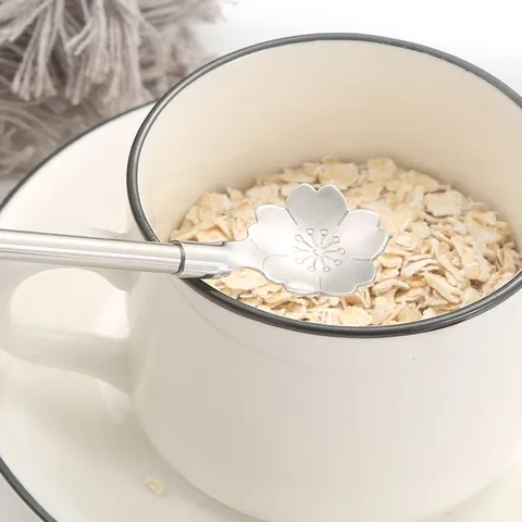 Stainless Steel Long Handle Drinking Straw Spoon Creative Cherry Blossom Coffee Stirring Spoon Reusable Metal Straws