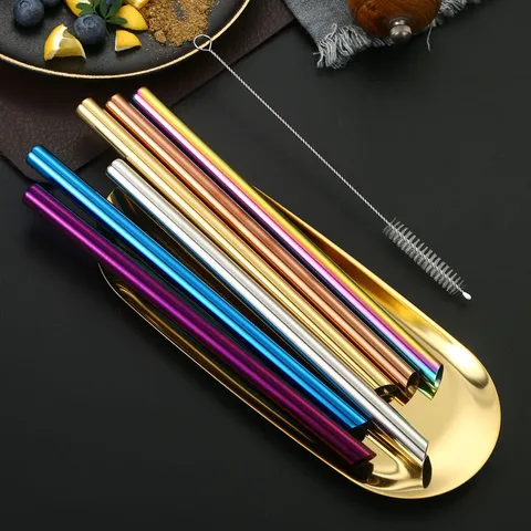 Pajitas Inclinadas de Acero Inoxidable 304 Chapadas en Titanio Coloridas Pajita de Metal Reutilizable para Café Leche Té