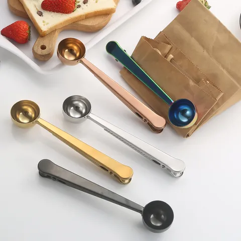 Stainless Steel Coffee Spoon With Sealing Clip Multifunctional Kitchen Measuring Scoop For Coffee Powder Baking