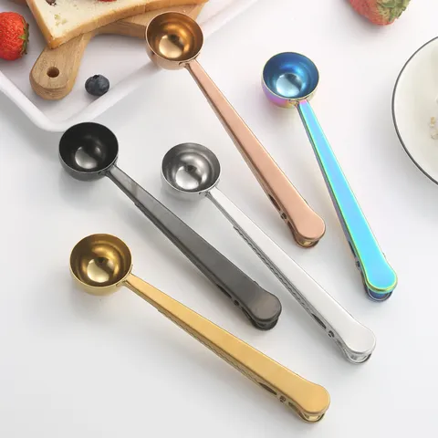 Stainless Steel Coffee Spoon With Sealing Clip Multifunctional Kitchen Measuring Scoop For Coffee Powder Baking