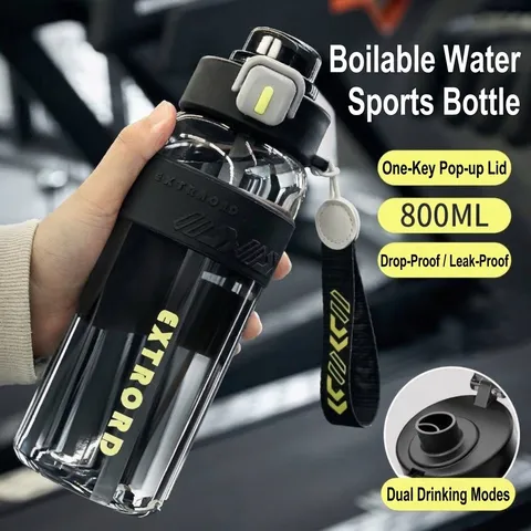 800ml Sports Water Bottle With Straw Portable Heat Resistant PC Outdoor Gym Fitness Travel Leakproof Bottle For Men Women