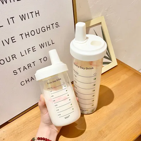 Clear Plastic Water Bottle With Straw And Time Marker Portable Cute Juice Milk Cold Drink Cup Daily Tumbler