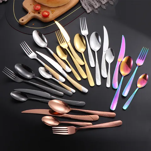 Stainless Steel Cutlery Knife Fork Spoon Set Diamond Textured Handle Western Steak Tableware Kitchen Dining Utensils