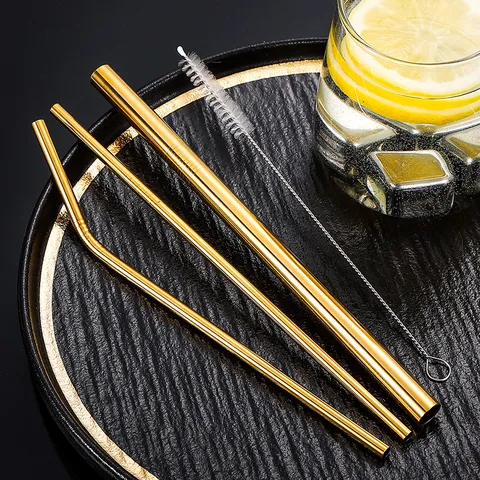 Reusable 304 Stainless Steel Drinking Straw Set Metal Straight Bent Straws with Cleaning Brush Storage Bag