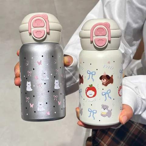 Bottiglia d'Acqua Isolatrice Sottovuoto in Acciaio Inox 316 Tazza di Paglia di Cartone Animato Carina Portatile Con Coperchio Ribaltabile Doppia Bevuta