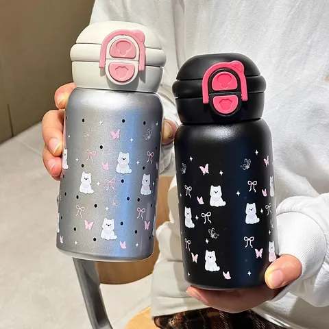 Bottiglia d'Acqua Isolatrice Sottovuoto in Acciaio Inox 316 Tazza di Paglia di Cartone Animato Carina Portatile Con Coperchio Ribaltabile Doppia Bevuta