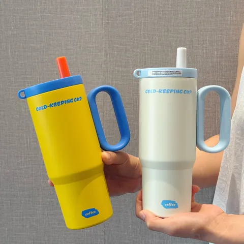 Edelstahl Vakuum Isolierter Becher Mit Strohhalm Und Griff Große Kapazität Tragbare Wasserflasche Reise Trinkgeschirr