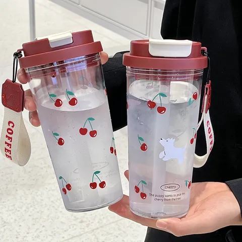 Süßer Plastik Strohhalm Becher Tragbare Große Kapazität Wasserflasche Mit Cartoon Druck Für Studenten Tägliches Outdoor
