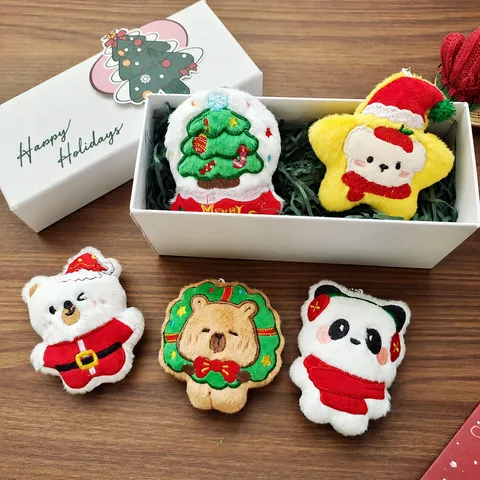 Original Christmas Plush Cartoon Doll Pendant Elk Santa Claus Star Tree Embroidered Bag Charm Festival Hanging Ornament Gift