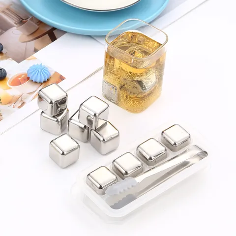 Conjunto de Cubos de Hielo de Acero Inoxidable Piedras de Whiskey de Metal Reutilizables Cubos de Enfriamiento Con Pinza y Caja