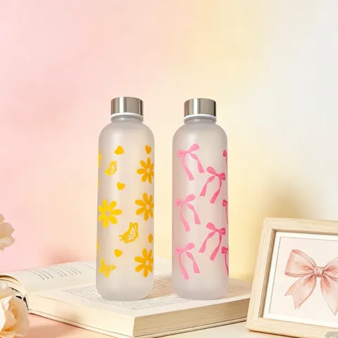 Large Capacity PC Plastic Water Bottle Frosted Portable Sport Drinkware Bow Floral Pattern Direct Drinking Cup For Students