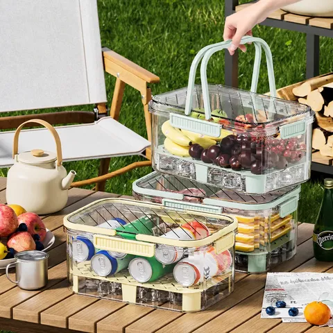 Double Layer Portable Plastic Lunch Box Transparent Fresh Keeping Container With Ice Pack For Outdoor Picnic Food Storage