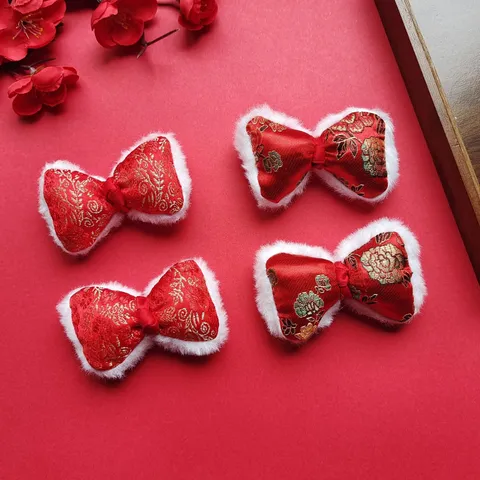 Chinese Style Satin Embroidery Bowknot Red Plush Trim DIY Brooch Hair Rope Accessory New Year Festival Decoration Material