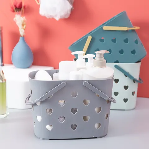 Panier de Rangement Douche en Plastique Style Nordique Avec Poignée Découpe Cœur Organisateur Salle de Bain Portable