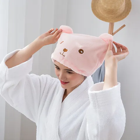 Cute Cartoon Bear Coral Fleece Dry Hair Cap Super Absorbent Quick Drying Head Towel Soft Shower Cap Hair Drying Wrap