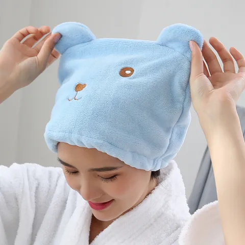 Cute Cartoon Bear Coral Fleece Dry Hair Cap Super Absorbent Quick Drying Head Towel Soft Shower Cap Hair Drying Wrap