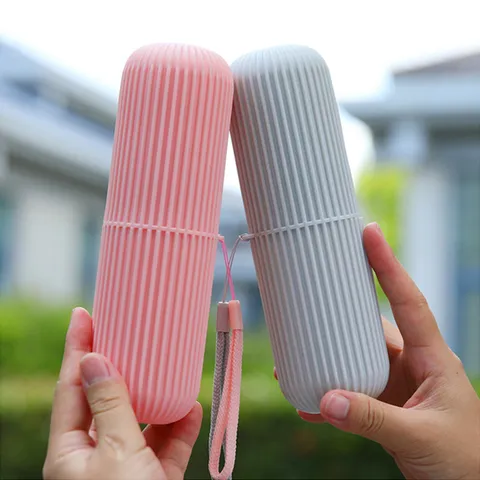 Portable Travel Toothbrush Case Plastic Striped Toothpaste Holder Cup With Lanyard Multifunctional Wash Mug Bathroom Storage