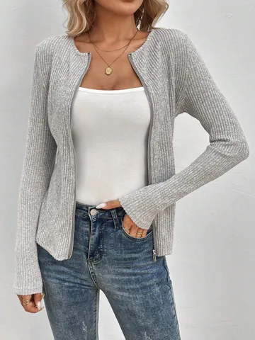 Women Casual Solid Color Long Sleeve Full Zip Cardigan Slim Fit Polyester Knit Sweater For Daily Commute