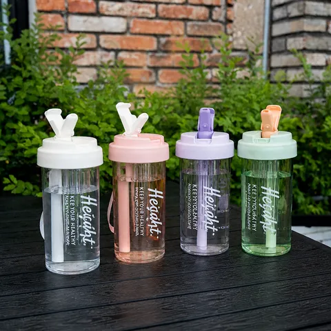 Modern Minimalist Plastic Water Bottle With Straw And Portable Handle Leak Proof High Temperature Resistant Tumbler