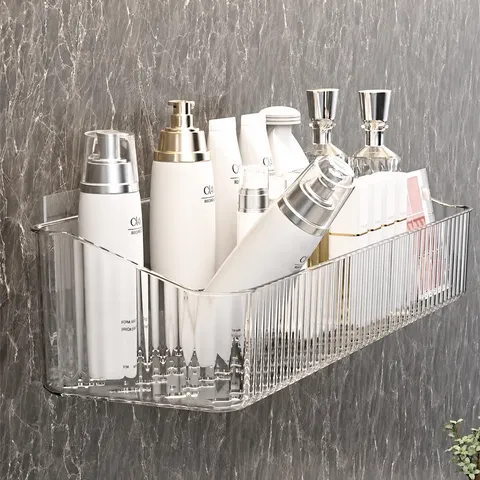 Wandmontage Badkamer Opbergrek Doorzichtige Plastic Cosmetica Organizer Ponsvrij Doucheplank