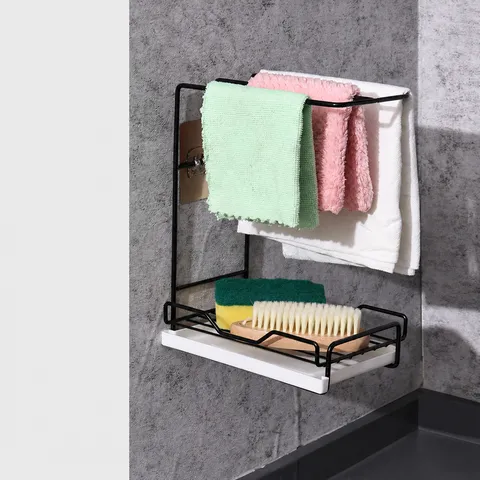 Carbon Steel Kitchen Dishcloth Storage Rack Wall Mounted Sink Drain Rack Multipurpose Countertop Organizer Shelf