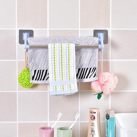 Punch Free Towel Rack Double Bar Stainless Steel Plastic Wall Mounted Storage Holder For Bathroom Kitchen