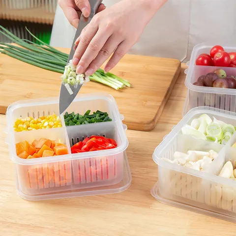 Kitchen Food Storage Container With Lid 4-Compartment Drain Fresh Keeping Box For Refrigerator Vegetable Fruit