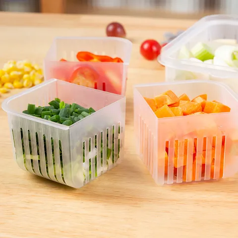 Kitchen Food Storage Container With Lid 4-Compartment Drain Fresh Keeping Box For Refrigerator Vegetable Fruit