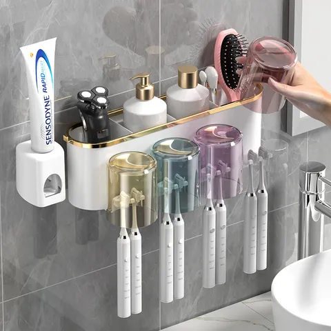 Wall Mounted Toothbrush Holder Set Punch Free Bathroom Storage Box With Mouthwash Cups And Toothpaste Squeezer