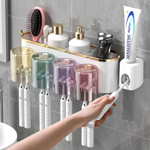 Wall Mounted Toothbrush Holder Set Punch Free Bathroom Storage Box With Mouthwash Cups And Toothpaste Squeezer
