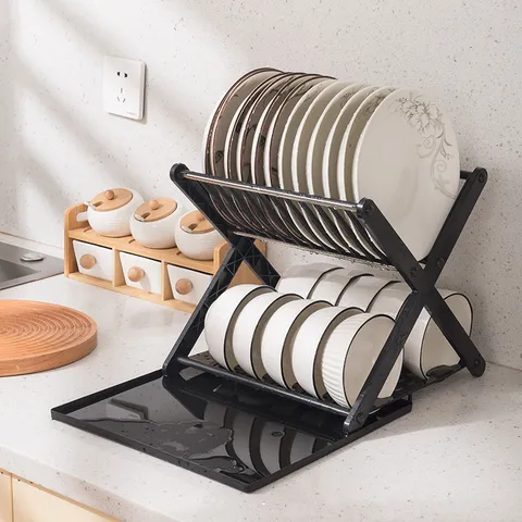 Escurridor de Platos de Cocina de Plástico Moderno en Forma de X Estante de Almacenamiento de Doble Capa Organizador Blanco Negro