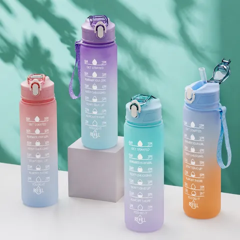 Gradient Kunststoff Wasserflasche Großes Fassungsvermögen Sportbecher Mit Zeitmarke Strohhalm Und Tragbarem Griff Für Outdoor Fitness Täglichen Gebrauch